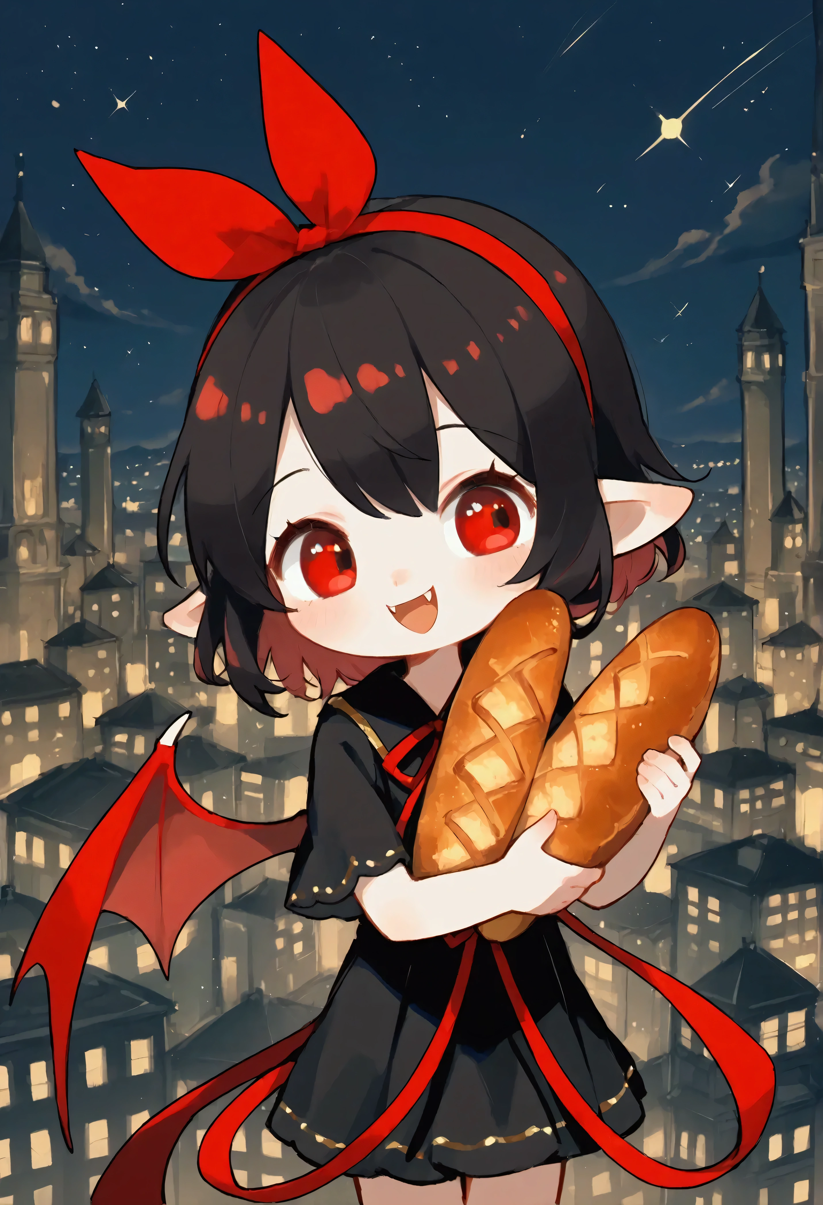 1girl\(vicomte,chibi,cute, vampire,vampire wings, red eyes,open mouth, sharp vampire fangs, black short hair, long elven ears, cute (((red ribbon))) headband, (big evil smile) cute smile,face shining, big eyes, black short robe\(with beautiful (gold embroidery)\), hugging beautiful big (1bread:1.3) \),cute pose, at (edge of skyscraper:1.3)\(Landmark 81,Vietnam\),(looking away:1.3),black short dress\). the beautiful night view of (Vietnam city).landscape.longshot., score_9, score_8_up, score_7_up, score_6_up, score_5_up, score_4_up,source_anime, source_furry,rating_safe,