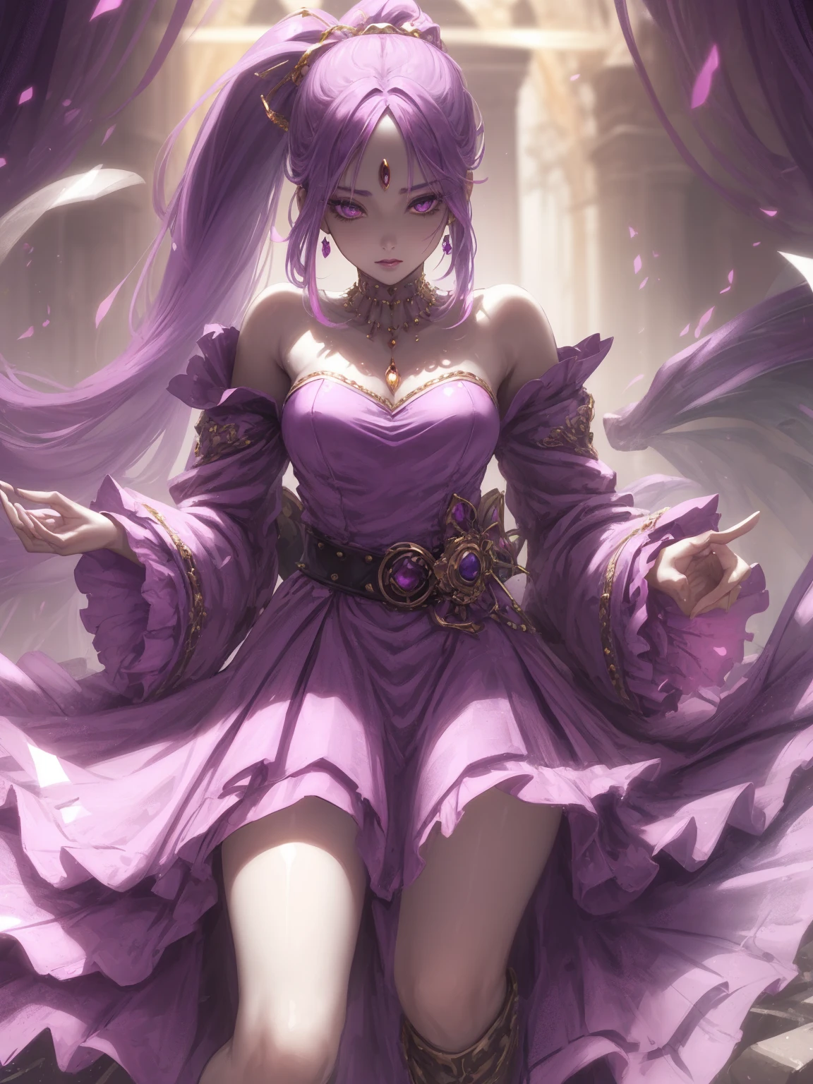 1 Girl, Long hair, Bright hair and bright eyes, Mysterious expression, Mature appearance, Charming dress, floating dress, Elegant Jewelry, Complex decoration, Magic Symbols, Lighting accessories, potion, reel, Lovely Accent, bow, Ribbon, Flowers,