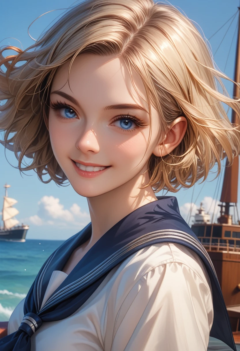 {{ artwork,  Best Quality ,  extremely detailed CG , 8k unit wallpaper, cinematic lighting, }}, Sony α7, wide frame, South Pacific, during the war with the Asian powers, wind blowing on the Aegis ship, 1 girl, whole body, smile, she is a sailor in the US Navy, caucasiano,  20 year old , smile,  blond hair , short bob, blue eyes , long eyelashes ,