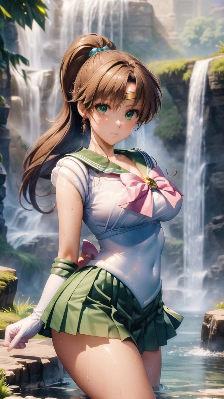 (((masterpiece))), (((High resolution)))、(((8K quality)))、(((Perfect Face)))、 , Looking into the camera, ((最high qualityの目)), (Detailed face), (Detailed Texture), Sailor Jupiter cosplay outfit、One Girl, Alone, High resolution, Anatomically correct, 最high quality,Draw the whole body 、My breasts are a little small、White long gloves、Green Skirt、(((At the waterfall、On knees、Soaking wet)))、One girl, solo, High resolution, Anatomically correct, 最high quality, High resolution, masterpiece, accurate, 最high quality, Very detailed, Ultra high definition, Textured skin, high quality, High-resolution model, 