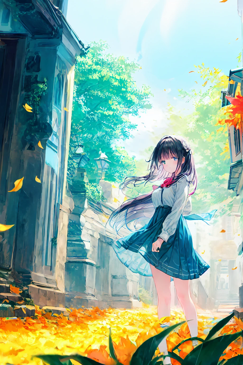 ( high detail:1.2)  anime girl ,( cinematic lighting , gentle colors),( fallen leaves:1.2), Gentle lighting, wind, fog. Turquoise, Delta Shade.  discord banner  