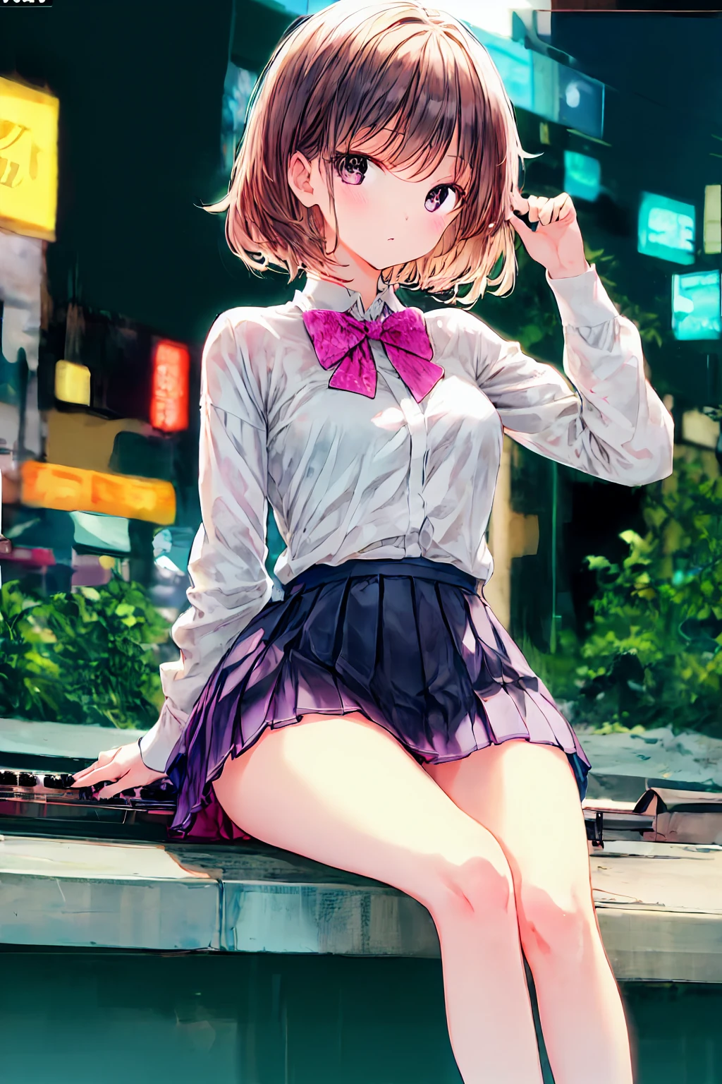 (( one girl who is at ease)), ( shortcut),  brown hair,  amazing face and eyes, Pink Eye, ( amazingly beautiful girl),  brown hair, (expensive ,  Pleated Miniskirt :1.5), (( best quality)), ( super detailed), ( highly detailed CG synthesizer 8K wallpaper), expensively detailed, expensive-definition raw color photos,  Professional Photoshoot, (((Bokeh))),  Depth of Written Boundary,  feet , small breasts，I feel a little strong ，美しいfeet