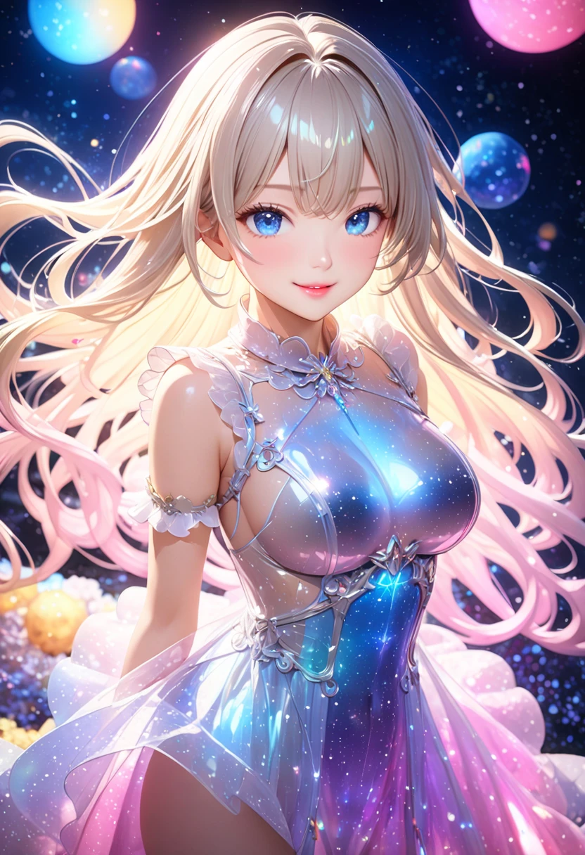 ( best quality,  super detailed, 8k,  high definition ,  High Quality CG), A young and beautiful single woman,  beautiful blue eyes,  cute pink lips,  anatomically beautiful figure,  shiny body,  big chest,  look at me and smile,  silver blonde long hair,  Sheer Translucent Luminescent Dress, Colorful light. Coloured Light Particles Scattering ,  vibrant colors, Night Sky, star空, 輝くstar, star, star雲, Celestial Bodies, 惑star,  detailed illustration art, 