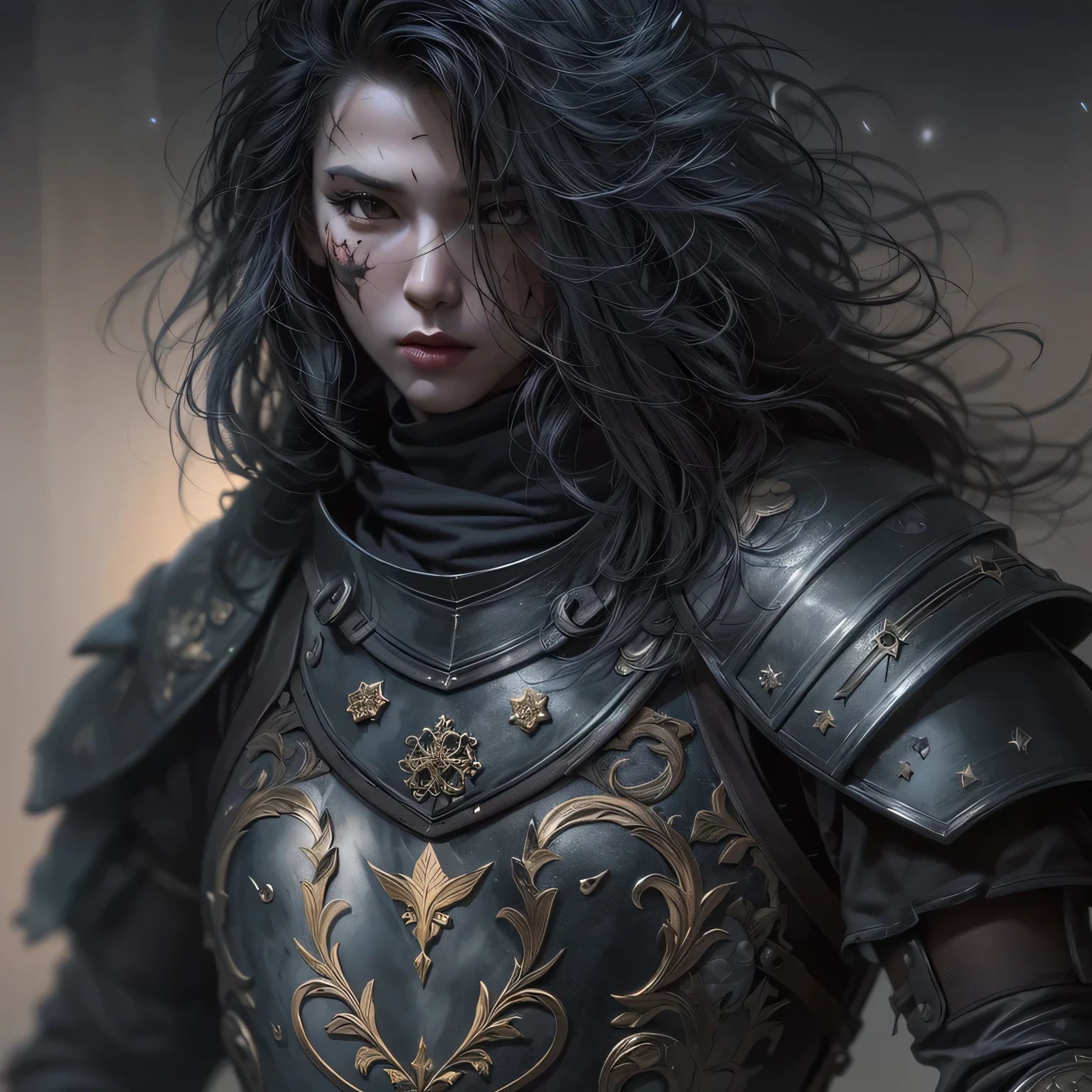 (Detailed Illustration: 1.3) of (Painting: 1.3) A (Full Body: 1.3) Shot in 8k resolution, splatter art, dreamy comic book style, realistic, intense look, anatomically realistic digital painting portrait (old male: 1.3) Human (warrior: 1.3) black and gold complex (heavy armor: 1.3) in (dark and moody universe: 1.3), light particles, very detailed skin, samurai, very detailed eyes, (elden ring style: 1.3), (warhammer style: 1.1), concept artist, global illumination, depth of field, splash art, artgerm and art by greg rutkowski and viktoria gavrilenko