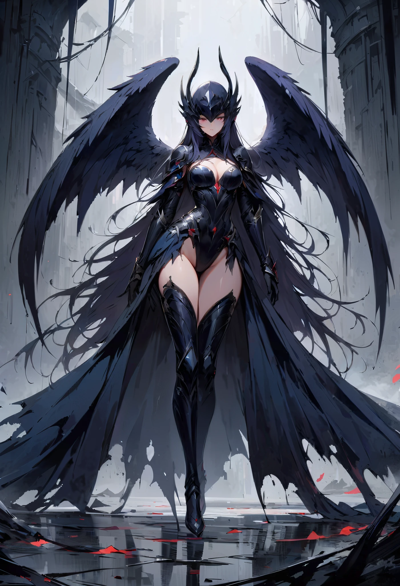 (best quality,4k,highres:1.2),ultra-detailed,(realistic,photorealistic:1.37),creature,dark fantasy,Chimera(Zeraty) from summoners war, standing on hind legs,intense gaze,eyes glowing with a black halo,huge wings spread wide,ominous presence,superiority,menacing,detailed feathers,sharp talons,dark aura,haunting atmosphere,sinister silhouette,majestic pose,eerie lighting,black color scheme,high contrast,ominous shadows,mysterious creature,graceful and powerful,mesmerizing,dramatic composition