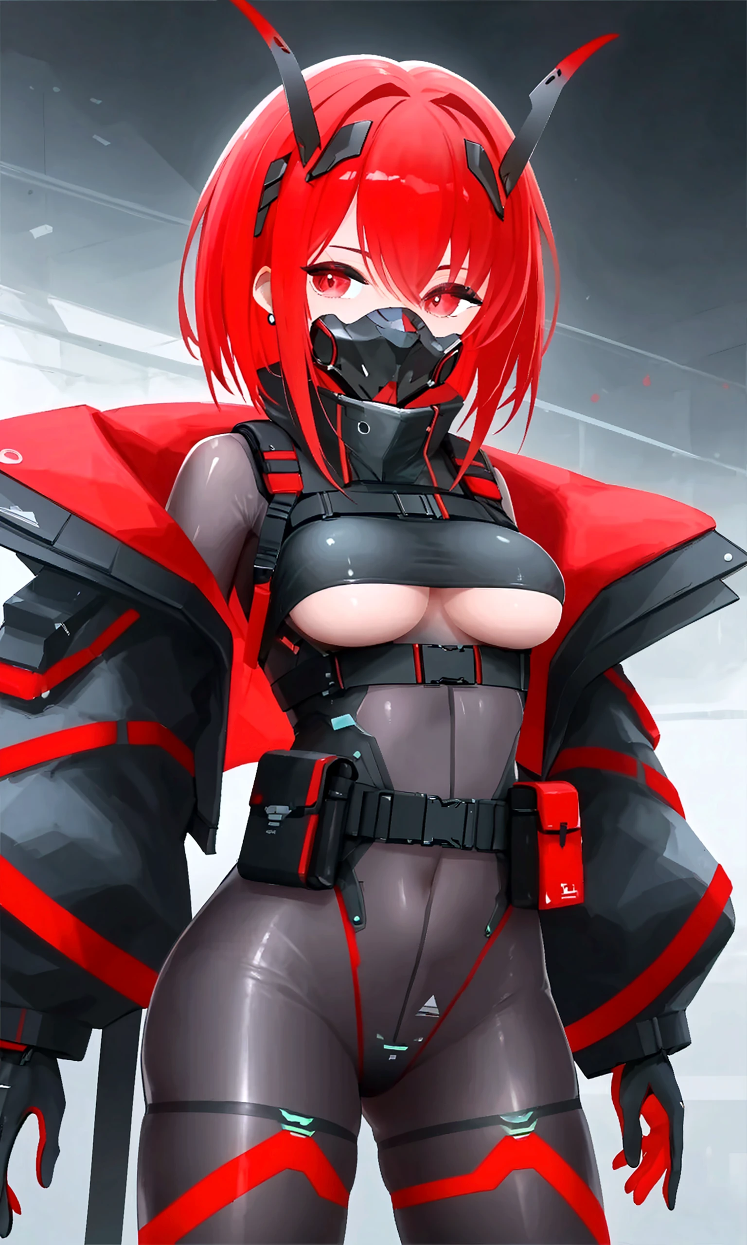 (best quality, masterpiece, anime) (solo) ((black hair:1.8), (hair with red highlights:1.7), (very long hair, single ponytail)), ((heterochromia_eyes_red_and_grey:1.4)), thick thighs, huge breasts, muscular, athletic, (cyborg:1.5), (robot arms:1.4), (robot legs:1.4), ((highcut leotard:1.8), one-piece, red_black_outift:1.3,) cleavage)), (jacket:1.3), (headgear, horn-like devices), toned body, 1 woman, (age 26), ((holding sword:1.6, katana, glowing)), beautiful, sexy, first rate body, (Lucia_Crimson_Weave:1.4), Lucia