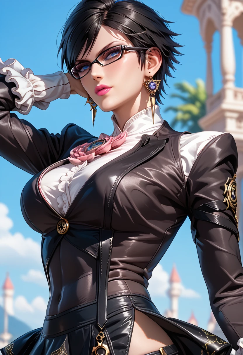 Bayonetta,  woman with mature physique , wearing pink lipstick, eyes in the color cyan blue , sexy lips, black fabric skirt , short skirt,  long sleeve puffy black suit shirt, posing sexy