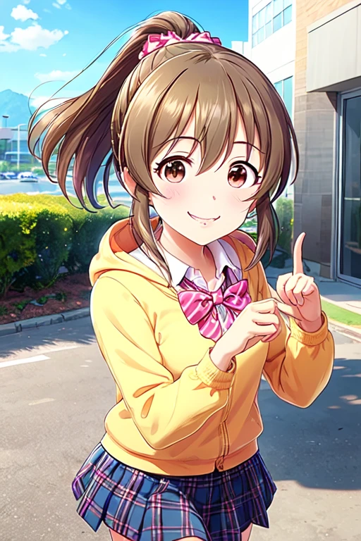 hori yuko,  brown hair,  Brown Eyes ,   ponytail  ,  hair bow , Pink scrunchie,  yellow hoodie,  blue skirt ,  checked skirt ,  school uniform,  bow tie,
 best quality,  high definition , 1 girl , cute,   smaller ,
 standing,  putting their fingers in their lips,  COWBOY SHOOTING ,
smile, Outdoor, morning, noon,
