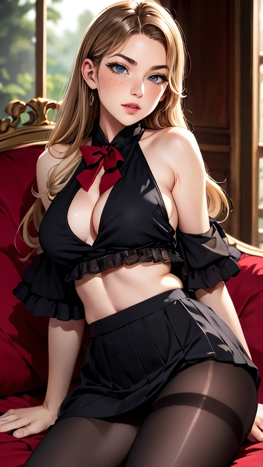  1 girl , Rebellion,red_ skirt,  school uniform, black_ good, underwear,  lingerie, abdomen, red_Sailor_ color,  high heels,(black pantyhose),nsfw,
(  surrenders ,32K, masterpiece:1.2),( high detail skin :1.1),(  High Quality :1.1),
 detailed hair,
 complex details,
(Detailed realistic background:1.3),
 realistic lighting,
[ cinematic lighting |Sunset lighting],
 hyperrealism ,
  comfortable tones  ,
ミュート color,
 high contrast ,
Soft light,
sharp,
Artistic photoshoot,
ladder  goodid ginger hair,
cute,slender,Europe, eye,Pale Cheeks, square face shape and angular chin,nature "no-compensate" compensate,Freckles,
 smaller, Senior, small breasts, 
 victorian , mahogany  ,  velvet drape , sofa, ,