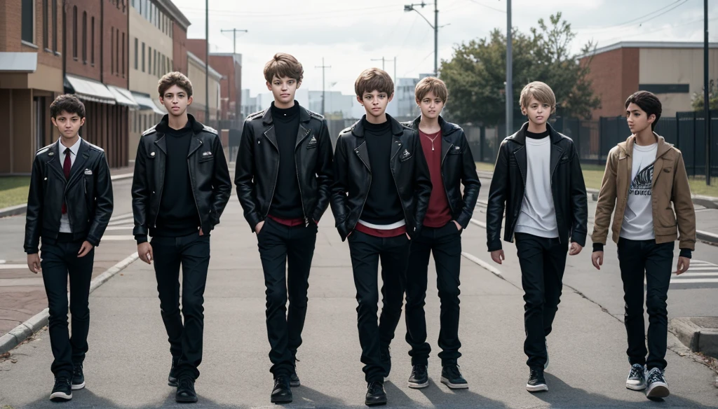 blonde children boys WITH STRAIGHT HAIR, BLUE BACKGROUND, WITH FIRE STRAW TORCHES IN HAND, BLACK LEATHER JACKET AND BLACK CLOTHING.
