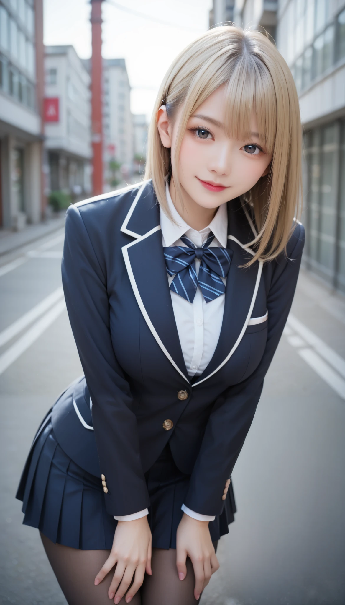 score_9,score_8_up,score_7_up,ultra detailed,absolutely resolution, 32k,masterpiece,best quality,ultra HD quality,detailed beautiful face and eyes,beautiful Japanese girl,blonde hair,asymmetry hair,Smile,Steam,school uniform,blazer,modern style with fitted jacket,short skirt and tights,arms behind back,large breasts,leaning forward,from pov,looking at viewer,town