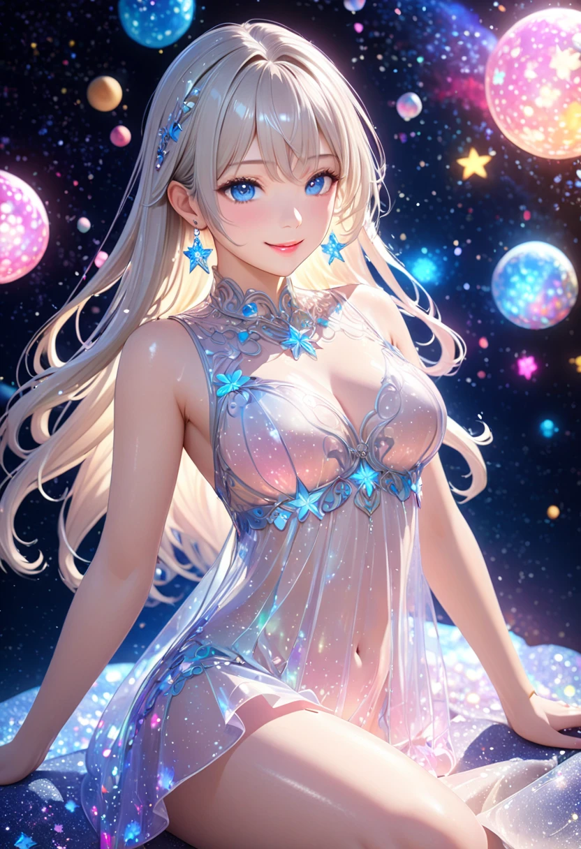 ( best quality,  super detailed, 8k,  high definition ,  High Quality CG), A young and beautiful single woman,  beautiful blue eyes,  cute pink lips,  anatomically beautiful figure,  shiny body,  big chest,  look at me and smile,  silver blonde long hair,  earrings for a woman alone, decoration,  Sheer Translucent Luminescent Dress, Colorful light. Coloured Light Particles Scattering ,  vibrant colors, Night Sky, star空, 輝くstar, star, star雲, Celestial Bodies, 惑star,  detailed illustration art, 