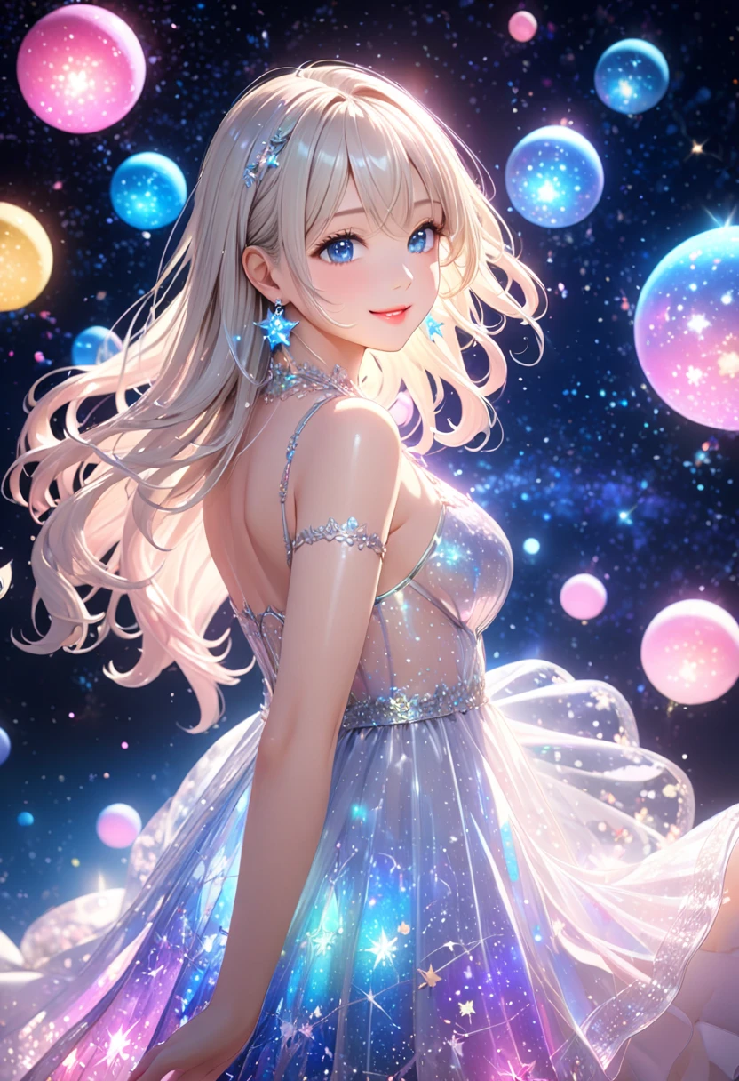 ( best quality,  super detailed, 8k,  high definition ,  High Quality CG), A young and beautiful single woman,  beautiful blue eyes,  cute pink lips,  anatomically beautiful figure,  shiny body,  big chest,  look at me and smile,  silver blonde long hair,  earrings for a woman alone, decoration,  Sheer Translucent Luminescent Dress, Colorful light. Coloured Light Particles Scattering ,  vibrant colors, Night Sky, star空, 輝くstar, star, star雲, Celestial Bodies, 惑star,  detailed illustration art, 