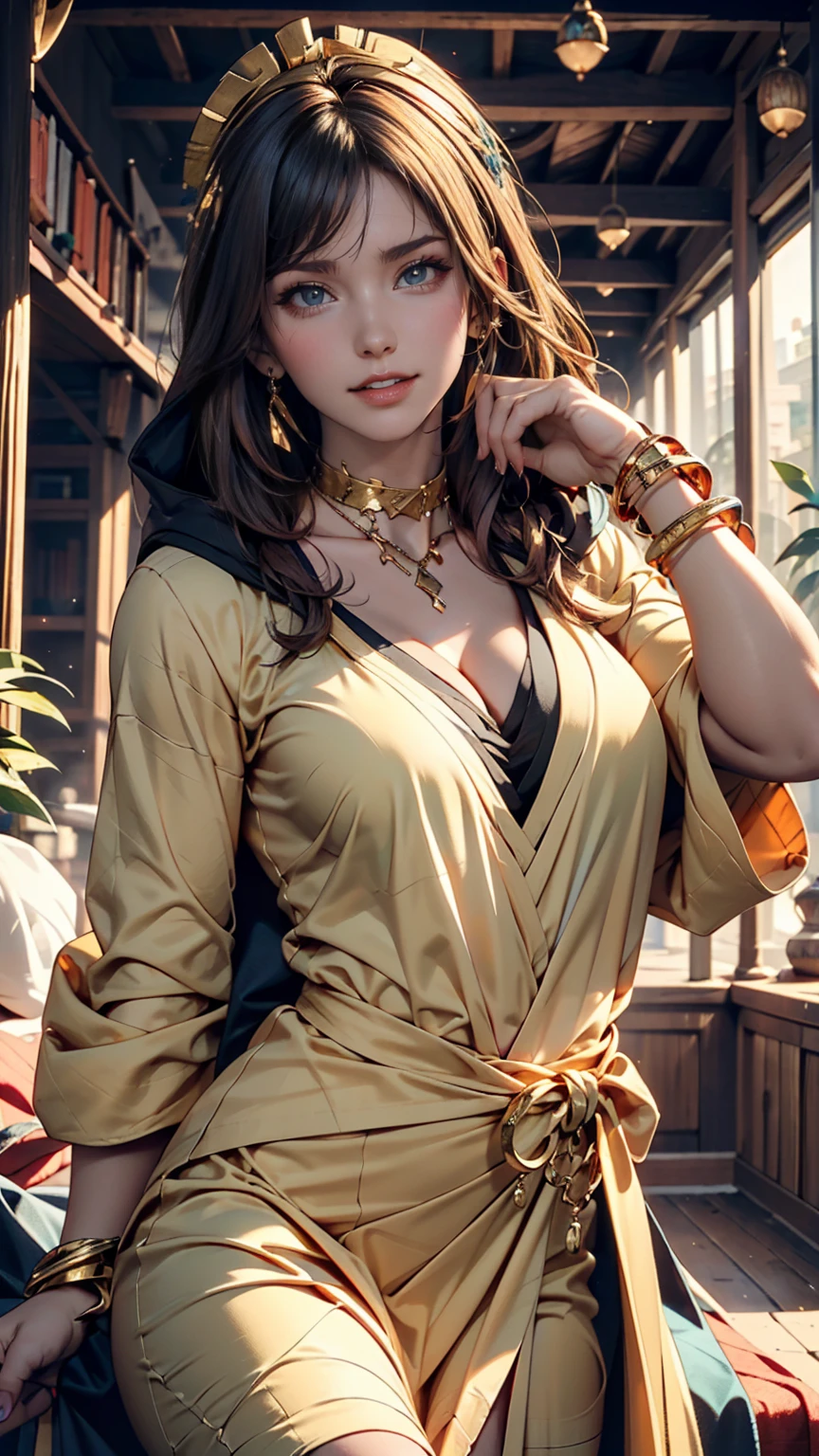 best quality, masterpiece, 1girl, Beautiful face, (gold-brown hair), (photo realistic:1.3), soft lighting, (high detailed skin:1.2), 8k uhd, dslr, high quality, high resolution, 4k, 8k, absurdres, best ratio four finger and one thumb, (realistic:1.3), pretty japanesse woman, medium breasts, ponytail contorted, little lips,