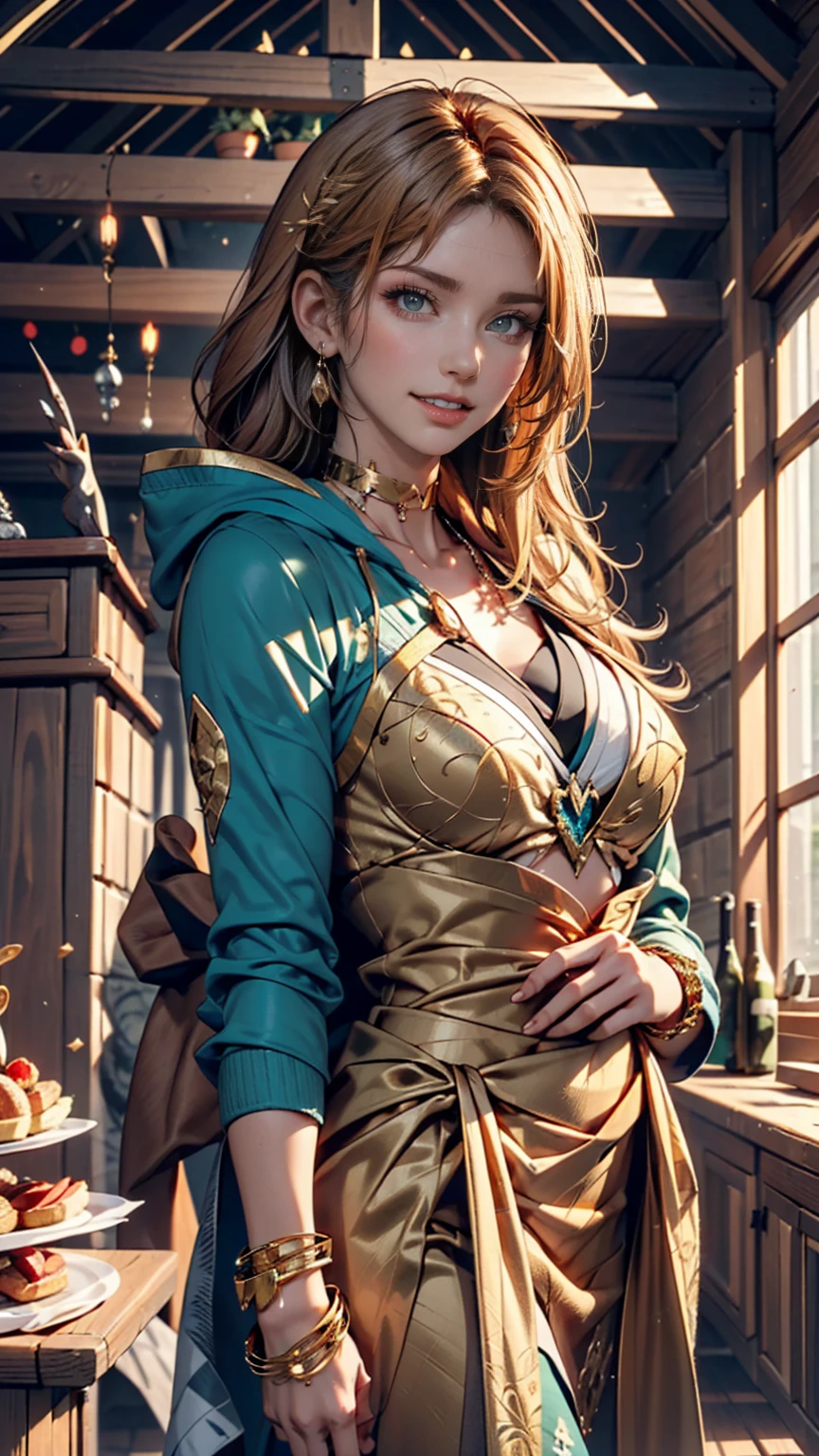 top-quality、tmasterpiece、Very high resolution、super high image quality、High-quality pixels)、perfect eyes, perfect face, perfect body figure,solo,(one woman: 1.3), 8K, (extra-large breasts:1.3),(Detailed description of hair), (Detailed description of face),(Detailed description of body), fair and clear skin, matchless beauty, long legged, (long light brown hair:1.3), hair between eyes, detailed three-concentric-circles eye, shirt, single earing, mild ssmile, coat, fur trim, casino inside, jewelry, cowboy shot