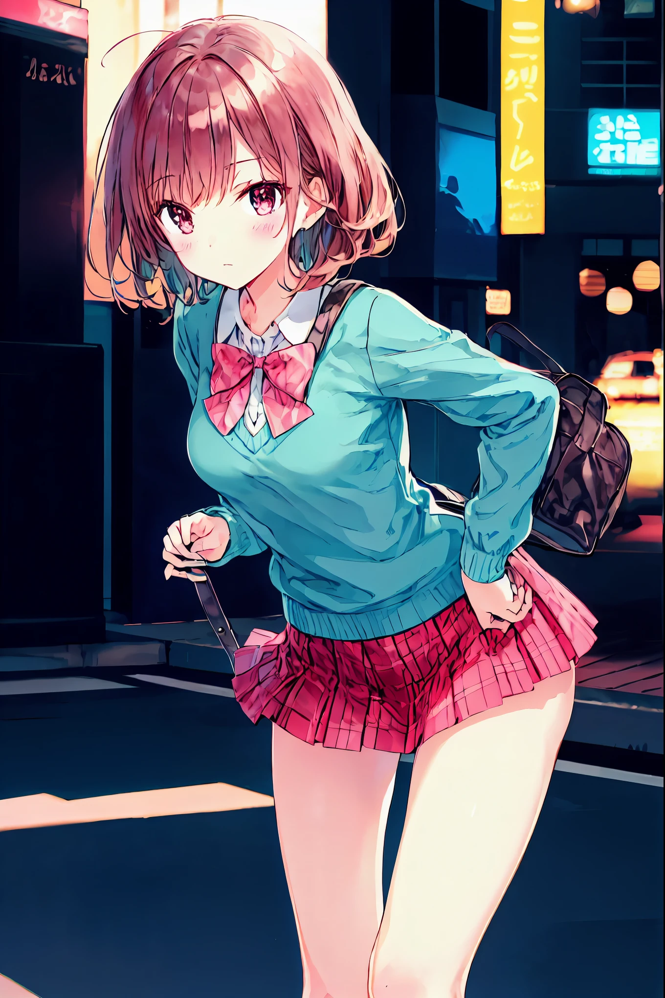 (( one girl who is at ease)), ( shortcut),  brown hair,  amazing face and eyes, Pink Eye, ( amazingly beautiful girl),  brown hair, (expensive ,  Pleated Miniskirt :1.5), (( best quality)), ( super detailed), ( highly detailed CG synthesizer 8K wallpaper), expensively detailed, expensive-definition raw color photos,  Professional Photoshoot, (((Bokeh))),  Depth of Written Boundary,  feet , small breasts，I feel a little strong ，美しいfeet