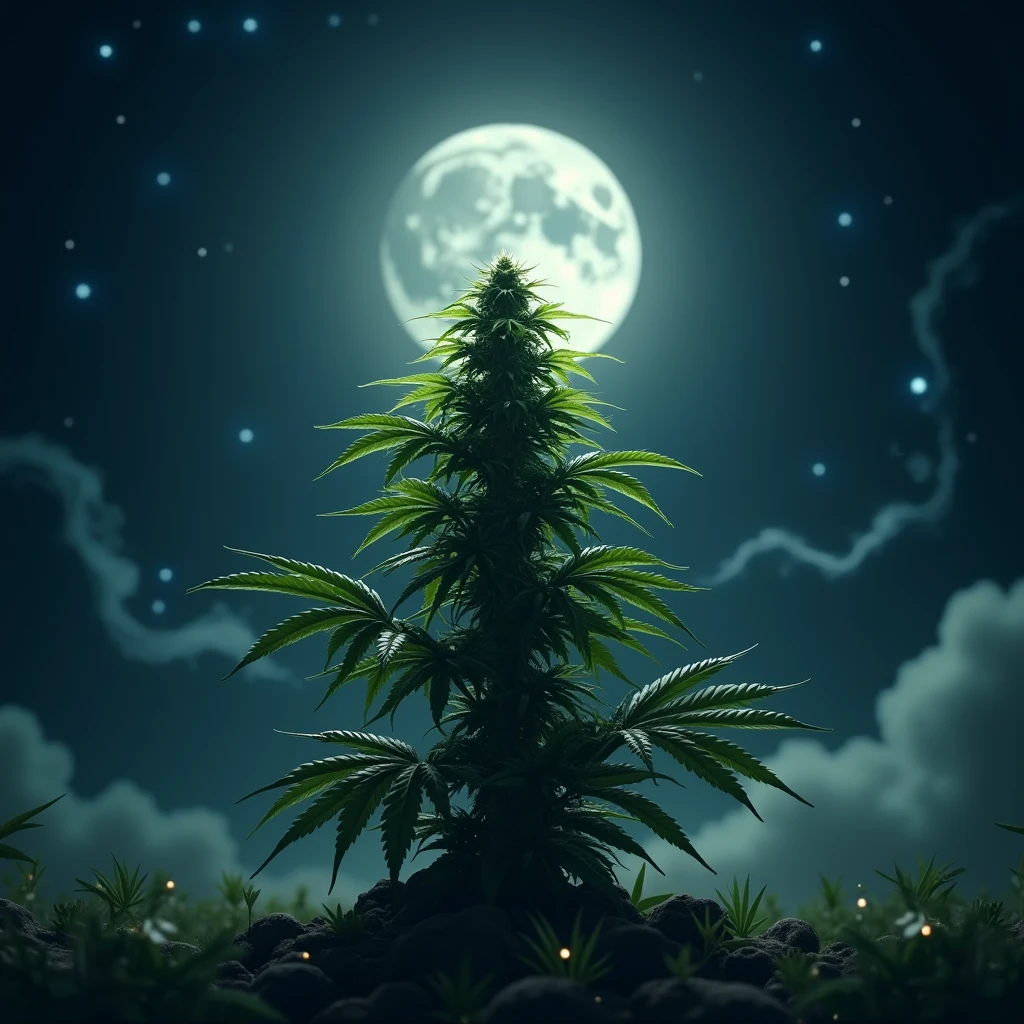 Overgrown cannabis jungle, in space, psychedelic, magical glow, galaxy background, energy, massive bright moon and planets, moon light, colorful lighting, cartoon