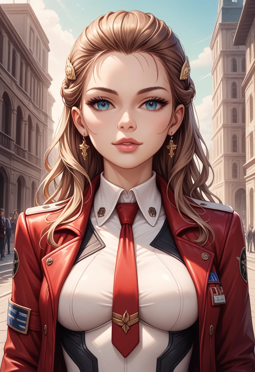 (8k,  Best Quality , masterpiece:1.2),  , masterpiece,  Realistic Lighting ,masterpiece,  Best Quality , masterpiece, official art, Extremely detailed Cg Unity 8K wallpaper, detailed and beautiful eyes , light on the face, 1 , Asuka-san, upper body, breasts, _Suit, plugSuit, red_jacket, jacket, shezfe , tie, Hair_ornament, bracelete,  