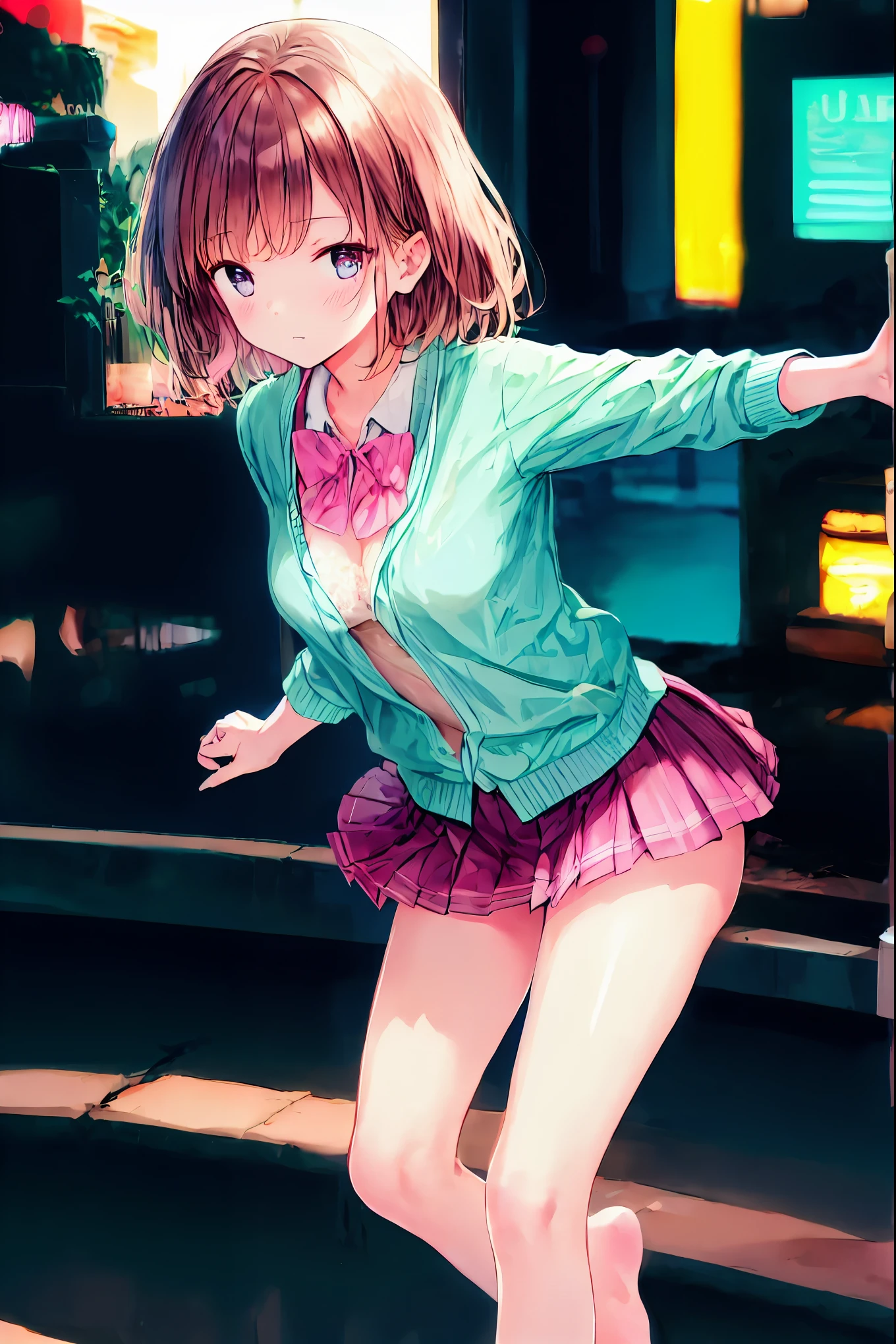 (( one girl who is at ease)), ( shortcut),  brown hair,  amazing face and eyes, Pink Eye, ( amazingly beautiful girl),  brown hair, (expensive ,  Pleated Miniskirt :1.5), (( best quality)), ( super detailed), ( highly detailed CG synthesizer 8K wallpaper), expensively detailed, expensive-definition raw color photos,  Professional Photoshoot, (((Bokeh))),  Depth of Written Boundary,  feet , small breasts，I feel a little strong ，美しいfeet