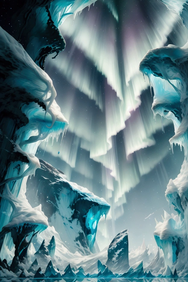 A breathtaking, hyper-realistic scene of a vast, icy glacier stretching endlessly under a clear, star-filled night sky. Above, the aurora borealis dances gracefully in vibrant waves of green, blue, and hints of magenta, its shimmering lights reflecting vividly on the glossy, frozen surface of the glacier. The icy terrain is a masterpiece of texture: jagged ridges and smooth, mirror-like patches of ice intermingle, catching the aurora’s glow and scattering it in dazzling fragments of light. In the foreground, delicate icicles hang from a small, frozen overhang, sparkling like tiny prisms in the aurora’s glow.

The air feels crisp and alive, and faint wisps of snow are carried by a soft, silent wind across the surface. A few cracks in the glacier reveal a mesmerizing, deep, icy blue glow from within, hinting at the ancient, mysterious depths below. In the distance, towering, jagged ice formations stand like monoliths, silhouetted against the vibrant sky. The entire scene is ultra-detailed, capturing the interplay of light, ice, and sky in stunning 8K realism, every element in perfect focus. The aurora’s movements evoke a sense of wonder, as if the heavens are performing a silent symphony above this frozen, untouched world.