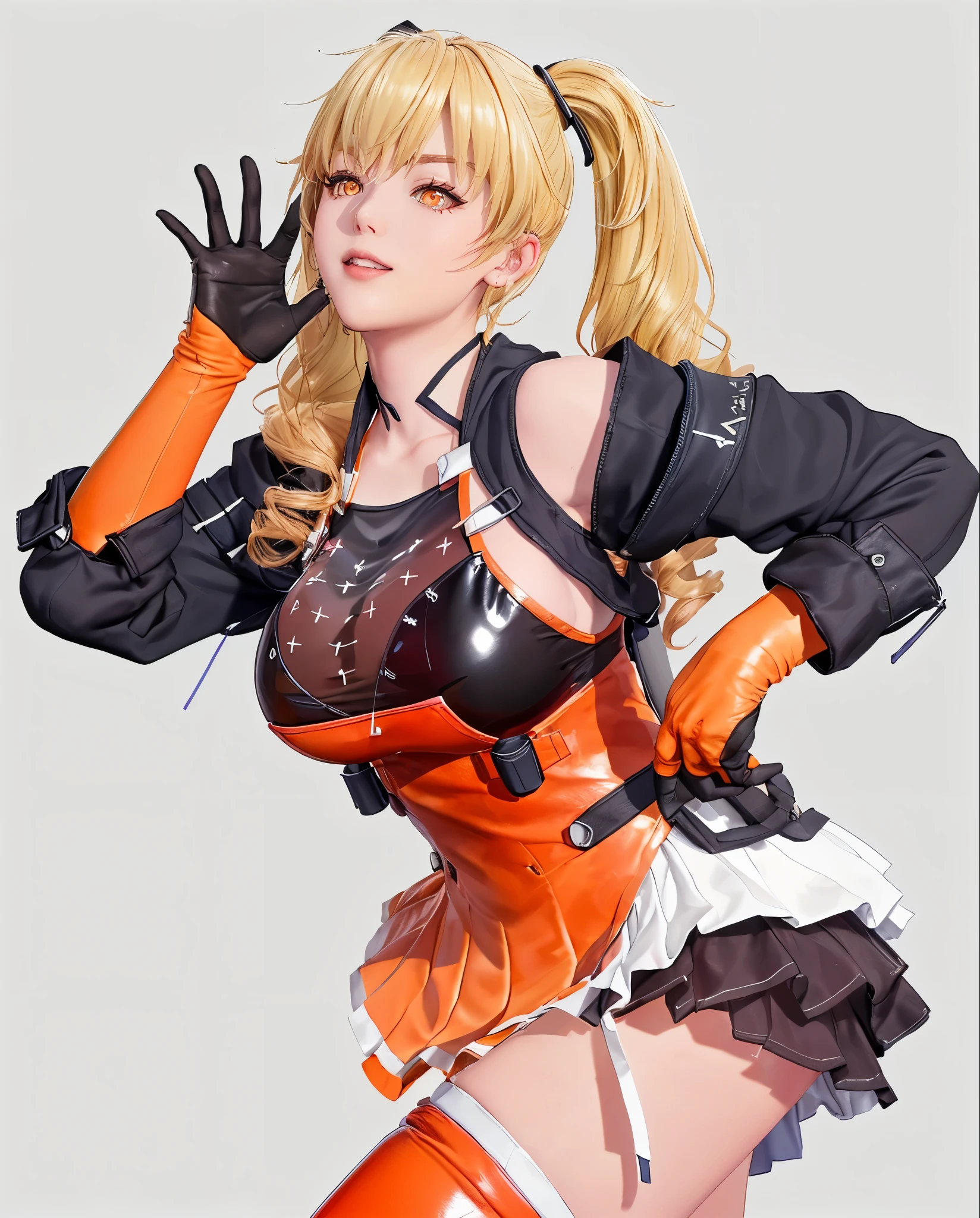 (（（figure，御姐figure,White and tender skin,（（（FenNib , long_sleeves_skirt, red_single_thighhigh, thigh_holster, elbow_gloves, strap, ）））,(（（twintails, Blonde_hair, orange_eyes,））),，((masterpiece)), highres icon,((Best quality at best)),masterpiece,quality,Best quality,(（（  and watch the audience， is open to the audience,Light in the eyes，happy，lol）））， huge ， blue background）））