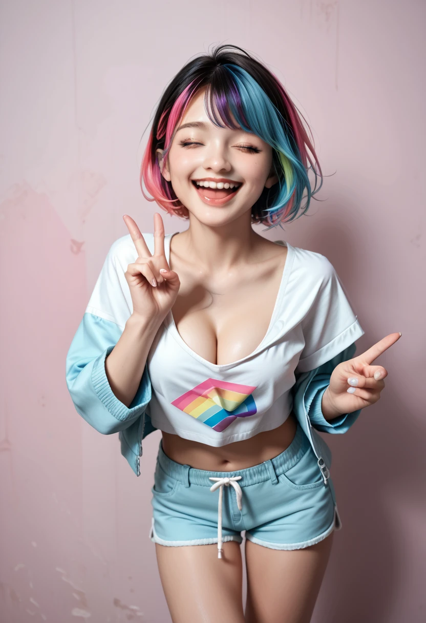 (girl,16yo,(wavy-short hair),eyebrows),(((multicolor hair))), (((happy laughing, closed eyes, gestures hand))), ((perfect expression)), wearing pastel colorstyle cropped tee with stylish printed jacket(oversized) and various shorts, breasts,cleavage, take standing kawaii full body portrait, (simple flat wall background), realistic shadow, starring at camera, (rembrant colorful pastel theme), canon eos 5D mark iv with 75mm, ultra highres photography, 8k wallpaper, soft rim light, ((masterpiece, photorealistic, best quality, hyperdetailed:1.2)), pulling shirt, cleavage, (perfect teeth, perfect fingers, perfect hands, perfect light),