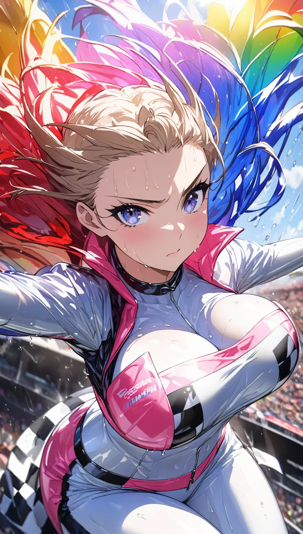 Highest quality, Great quality, 16K, Unbelievably absurd, Very detailed, delicate and dynamic, Natural light, The particles reflect light, Diffuse reflection of light, Many rainbow-colored petals fall, Beautiful racing circuit, Sparkling Sun, Diffuse reflection of light, Create amazing image effects, Wet, sweating, Full body shot(Cute sexy girl, big bouncing busts, Sensual expression, Cool girl, Serious, passion, Dynamic pose, Flashy race queen outfit, audience, much-air-laden cheer)