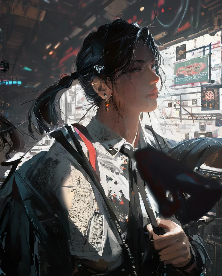 GUWEIZ ARTWORK ,full body, lucia from gta6 , standing next to mustang , brunette 

To achieve photography that resembles Guweiz's art, you can focus on several key elements that define his style:
1. Cinematic Atmosphere: Guweiz's art has a moody, dramatic, and often cinematic feel. To replicate this in photography, experiment with lighting and shadows to create depth and a sense of mystery. Use soft, diffused lighting or backlighting for a silhouette effect.
2. Urban Environment: Guweiz often uses urban settings, such as dimly lit streets, alleyways, rooftops, or cyberpunk-inspired cities. Shoot in gritty, modern environments that have an otherworldly or futuristic quality.
3. Color Grading: His color palettes often include muted vibrant tones with occasional pops of neon or bright accents. Post-process your photos to bring out these tones. You can also use desaturated colors or a dark, blue-gray palette to capture that moody atmosphere.
4. Subjects in Action: His characters are usually caught in moments of reflection, movement, or tension. Direct your subjects to appear thoughtful or in the middle of an intense action or emotion
5. 
6. Focus on Composition: His compositions are often centered around the subject, with lots of negative space or a background that adds to the story. Frame your shots with a sense of narrative, using architecture or the environment to guide the eye to the subject.
Would you like suggestions on specific locations or ideas to try in your photoA digital artwork,score_9, 