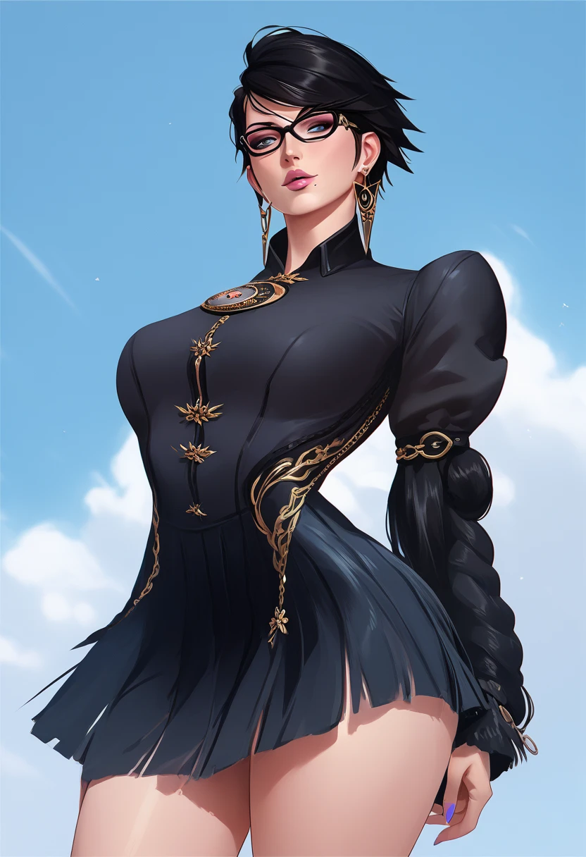 Bayonetta, woman with mature physique , wearing pink lipstick, eyes in the color cyan blue , sexy lips, black fabric skirt , short skirt, long sleeve puffy black suit shirt, posing sexy