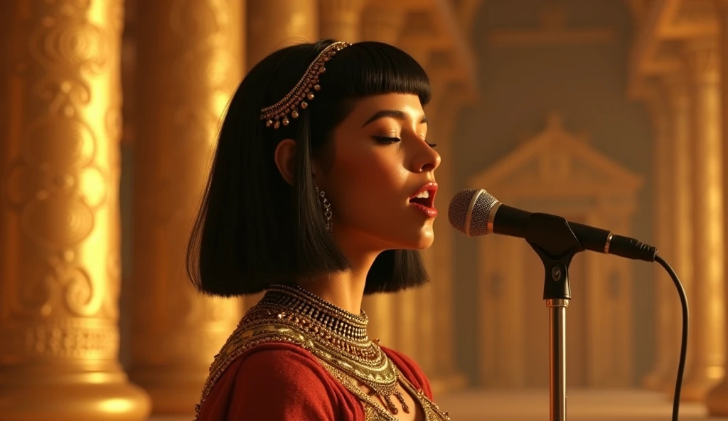 Cleopatra vii labios rojos gruesos  seductora faraona atuendos egipcios escote pronunciado y cintura con curvas y piernas contorneadas