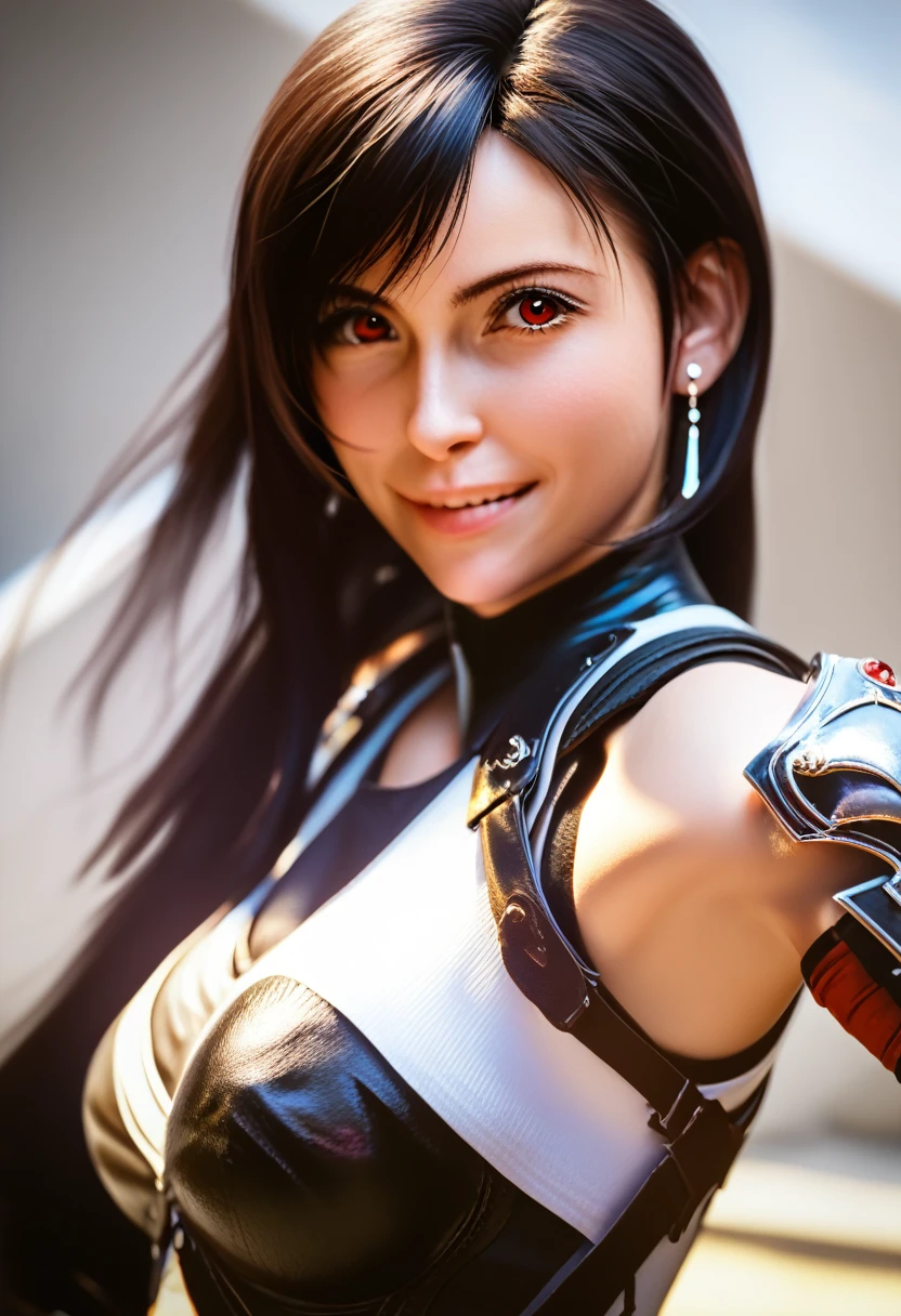 a beautiful detailed portrait of tifa lockhart from final fantasy, looking directly at the viewer, in an action pose, cowboy shot, intricate details, highly detailed facial features, beautiful long hair, leather outfit, cinematic lighting, dramatic shadows, vivid colors, photorealistic, 8k, (best quality,4k,8k,highres,masterpiece:1.2),ultra-detailed,(realistic,photorealistic,photo-realistic:1.37)