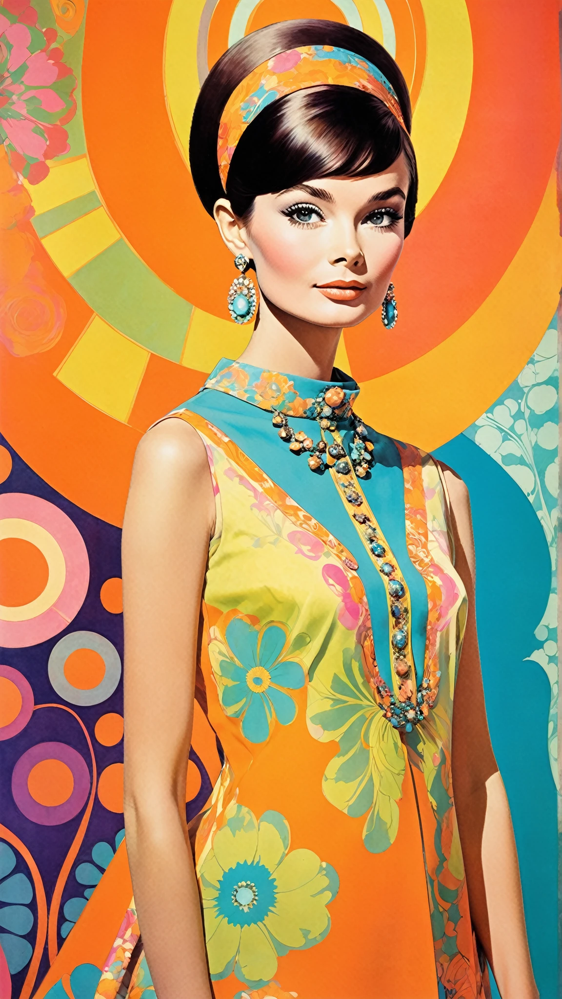 jugendstil 1960's psychedelic epic full body gogo clothes portrait by John Pitre and Marimekko, 1960s elements, California dreaming, serialism, upscaled, vintage, beautiful breathtaking fascinating elegant 
Multiple designs and colors, 1960s spirit, Audrey Hepburn 