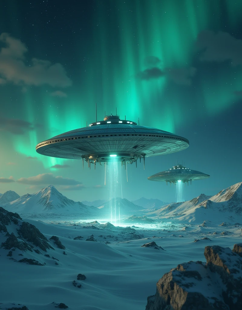 Antarctica，aurora，UFO,  super detailed, Dark background,  Heavenly Beauty