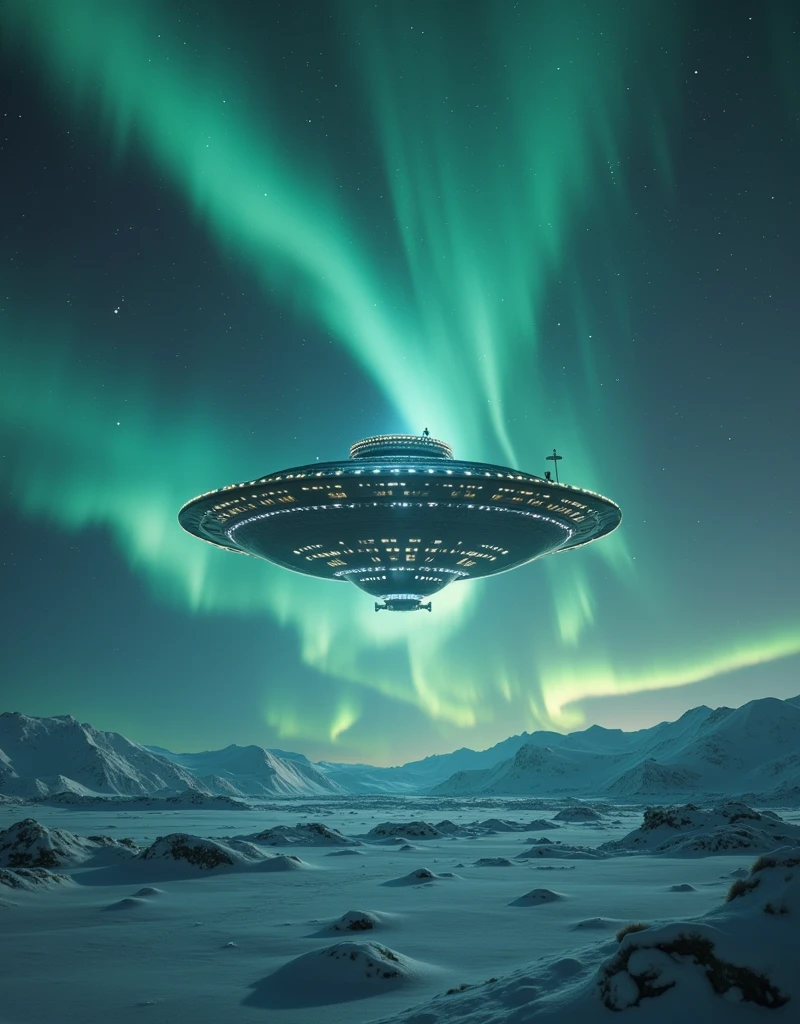 Antarctica，aurora，UFO,  super detailed, Dark background,  Heavenly Beauty