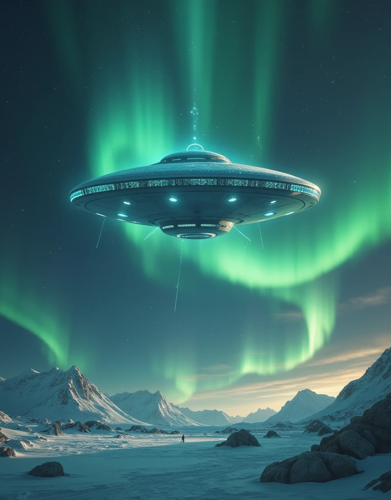 Antarctica，aurora，UFO,  super detailed, Dark background,  Heavenly Beauty