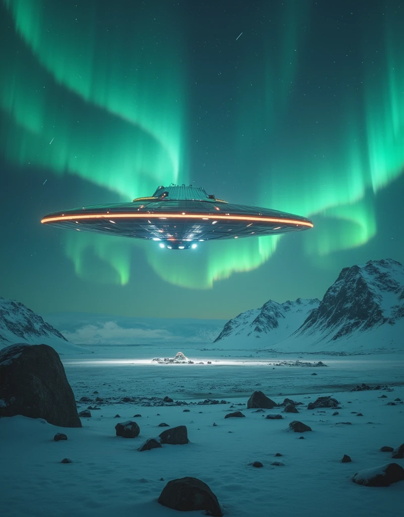 Antarctica，aurora，UFO,  super detailed, Dark background,  Heavenly Beauty