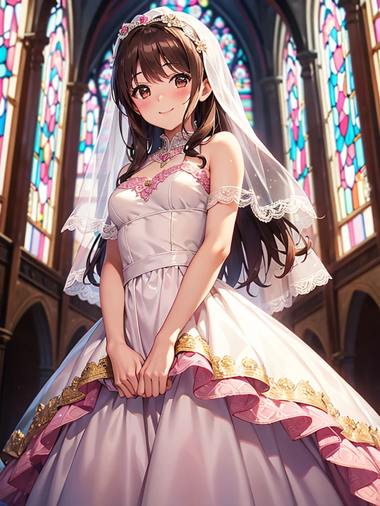 (masterpiece:1.3), (absurdres:1.3), (best quality:1.3), (ultra-detailed:1.3),(best shadow:0.7), (handled hair), (sharp eyeliner, eyeshadow, detailed eyes:1.1), perfect anatomy, BREAK <lora:azkiHololive_v1:0.0.4>, azki_(hololive), azki \(hololive\), large breasts, multicolored hair, pink hair, (purple eyes, glowing eyes), black hair, hair between eyes, jewelry, x hair ornament, bangs, very long hair, streaked hair, hairclip, light smile, sleeveless, <lora:bridalLingerie_v10:0.7>, bridal lingerie, purple dress, bridal garter, bridal veil, bridal legwear, necklace, armlet, anklet, earrings, holding wedding bouquet, tears, happy tears BREAK inside church, standing, wind, hair floating, petals, floral print, flower, sunlight, crowded,