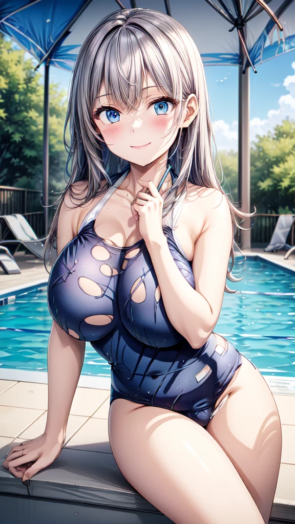 very cute and beautiful girl,(highly detailed beautiful face),(torn blue school swimsuit:1.9),
sitting,spread legs,looking at viewer,pool side,flowers in planters,(smile), silver hair,
(best quality,masterpiece:1.0),absurdres,highres,ultra-detailed,extremely detailed,32k,
cinematic scene,detailed background,solo,dynamic angle,,
hair fluttering in the wind,beautiful detailed sky,realistic, (cameltoe) , (bare a breast:1.9) , gigantic breasts , naked , erect nipples , (exposed breasts:1.5)