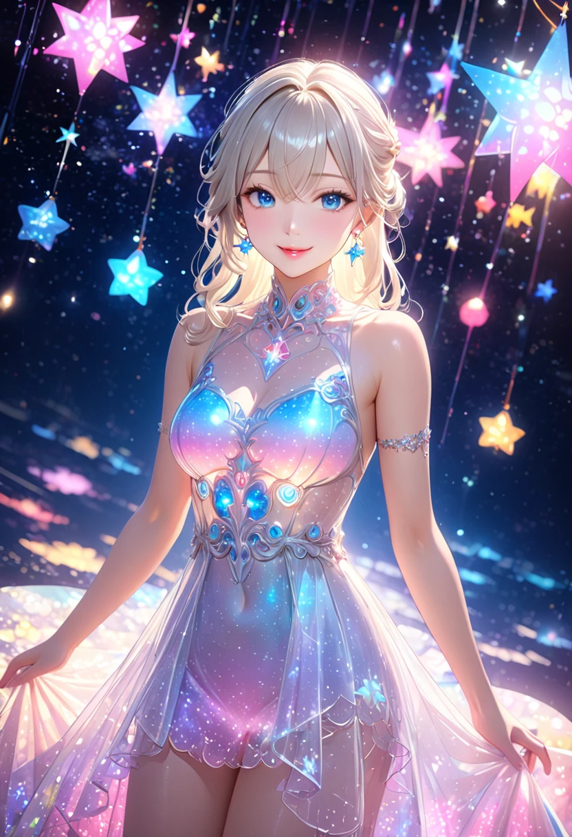 ( best quality,  super detailed, 8k,  high definition ,  High Quality CG), A young and beautiful single woman,  beautiful blue eyes,  cute pink lips,  anatomically beautiful figure,  shiny body,  big chest,  look at me and smile,  Silver Blonde Long Hair ,  earrings for a woman alone, decoration,  Sheer Translucent Luminescent Dress, Colorful light. Coloured Light Particles Scattering ,  vibrant colors, Night Sky, star空, 輝くstar, star, star雲, Celestial Bodies, 惑star,  detailed illustration art, 