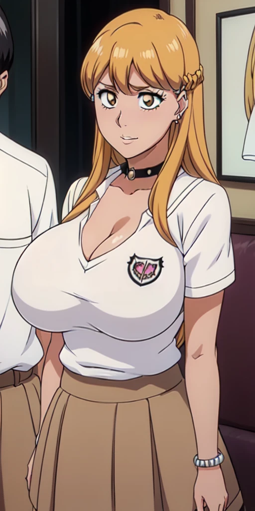 Orihime Inoue,Bleach artstyle,Big breast,Enchanted big breast,Thick lips,Circle piercing in lips,((((White shirt school uniform)))),Cleavage,(((short gray skirt)))Curvy figure,Plump,Hoopa bracelet,Long nail,Side burn visible,look at viewer,(((yellow blond color hair))),((head facing front)),High quality,Highres,Humongous big breast,visible ear,Big cleavage,light blush,((blue Stud earring)),((A lot of piercing)),((black Chocker)),Hyper Detail,((dark colored Skin)),((tanned Gyaru)),Crossing arm,Messy hair,Detailed lips,Colorless lips,puckered lips,unbuttoned collar shirt,mono color hair,((long wavy curly hair)),See throught leopard print bra,Half eyes open,Solo,1girl,light blush,Glossy lips,(((fringe bang hair))),flirty,Enchanted big breast,smug smile,squeeze to show off cleavage,((Nose piercing)),Side swept hair,Half eye open,ease eyebrow