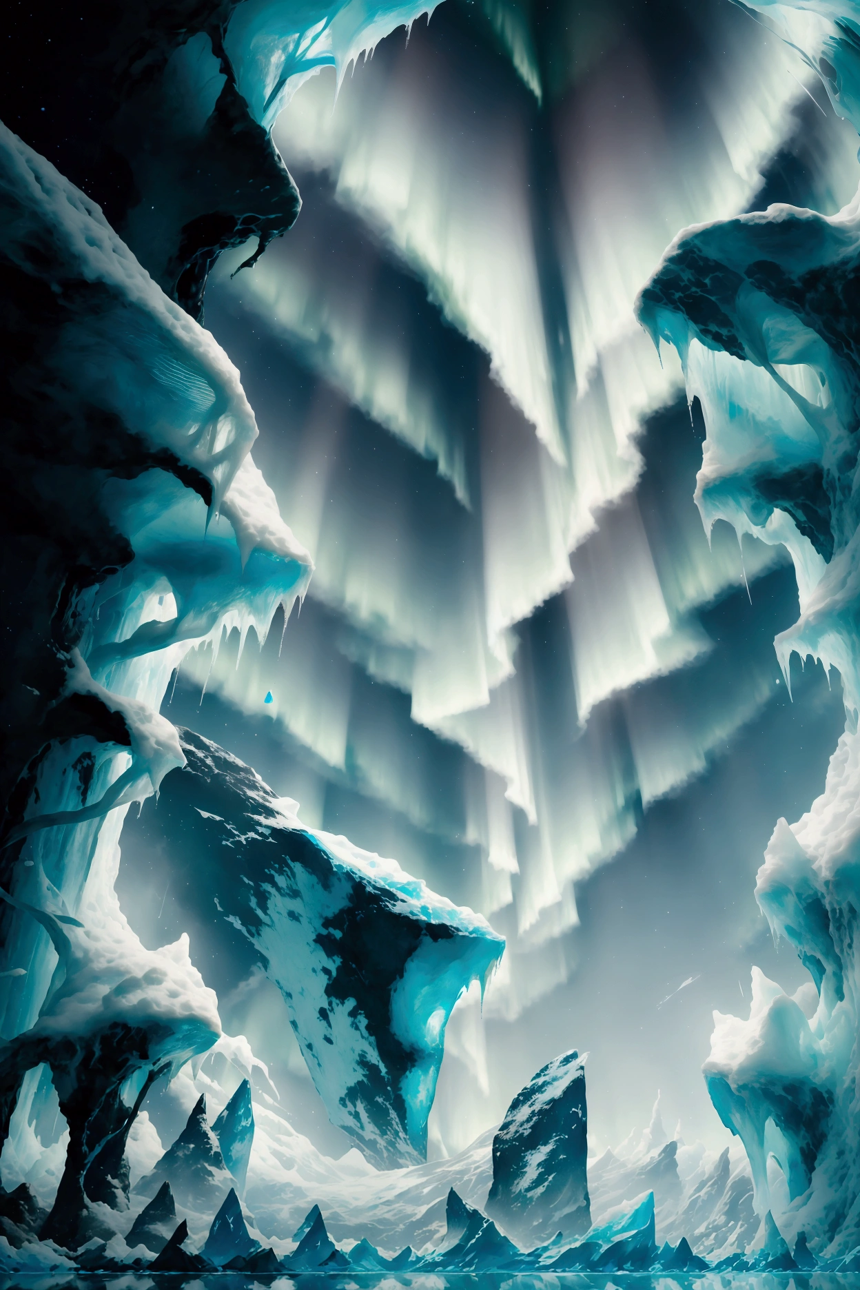 A breathtaking, hyper-realistic scene of a vast, icy glacier stretching endlessly under a clear, star-filled night sky. Above, the aurora borealis dances gracefully in vibrant waves of green, blue, and hints of magenta, its shimmering lights reflecting vividly on the glossy, frozen surface of the glacier. The icy terrain is a masterpiece of texture: jagged ridges and smooth, mirror-like patches of ice intermingle, catching the aurora’s glow and scattering it in dazzling fragments of light. In the foreground, delicate icicles hang from a small, frozen overhang, sparkling like tiny prisms in the aurora’s glow.

The air feels crisp and alive, and faint wisps of snow are carried by a soft, silent wind across the surface. A few cracks in the glacier reveal a mesmerizing, deep, icy blue glow from within, hinting at the ancient, mysterious depths below. In the distance, towering, jagged ice formations stand like monoliths, silhouetted against the vibrant sky. The entire scene is ultra-detailed, capturing the interplay of light, ice, and sky in stunning 8K realism, every element in perfect focus. The aurora’s movements evoke a sense of wonder, as if the heavens are performing a silent symphony above this frozen, untouched world.