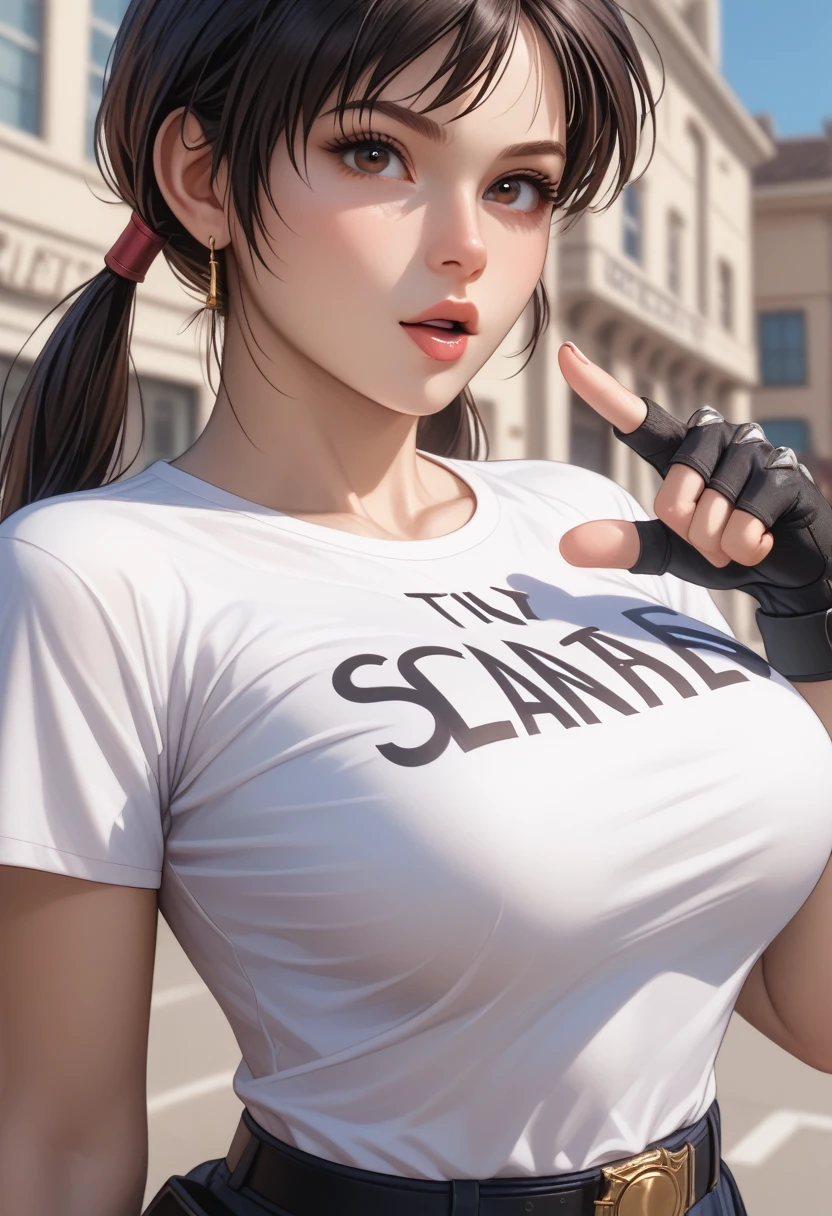 top-quality, 8K, ultra-detailliert, Photorealsitic, close up of face, ​masterpiece, top-quality, hight resolution, dragon balls, whiteshirt、black under wear, Looking here and standing、biologically correct、Opening Mouth、Punch, A dark-haired、low twintails、The eye、Background in the city、Thin eyebrows、Wearing black spats, Writing on clothes, Black fingerless gloves, Large breasts, thick thighs, curvy hips, plein air, cowboy  shot, Best eyes, The best lighting, Best fingers, 5-Fingers