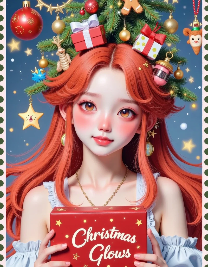 stamps：一个美丽的戴着Christmas tree帽子的女孩在圣诞信前拿着精美的礼物 ，(((The box says Christmas glows )))。 Hair is decorated with gifts +Christmas tree+Hut+Gingerbread Man+Bow。  beautiful face， skin details ，Official illustrations