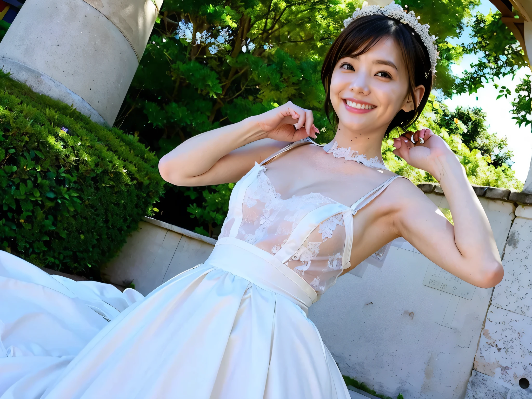 (8k、 RAW photo、 best quality、masterpiece:1.2), have to pee , (Realistic、Realistic)、(Incontinent girl:1.3) 1 girl、(( wedding dress 、Chapel、 short hair on the side of the uniform、  front view、smile、Look at the camera and smile、、stand))、cute