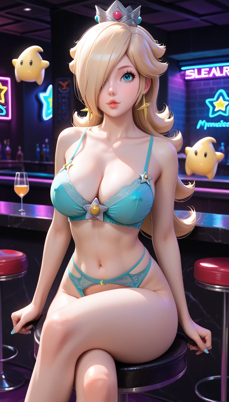 Princess Rosalina as a pornstar, super Mario Bros, Princess Rosalina, pornstar, busty pornstar, (((in a nightclub))), Hot cleavage, blue lingerie, crossed legs in sexy pose, sit down, (((breasts Focus)))