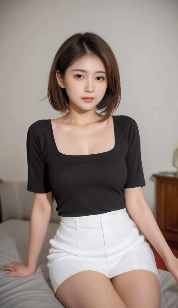 Gorgeous Korean woman is sitting on her bed in her room. Bob curve in hair style, golden color. Innocent, youthful facial features. natural makeup with coral lipstick. a square neck short sleeve, black, designed with a sexy square round neck. The slim-fit design enhances her curves and gives her a confident and stylish appearance. The length of the top is just right, sitting just above the navel to create a flattering and trendy look, showing off a beautiful belly and navel. She is dressed in a sleek, high-waisted white skirt, tulip skirt, micro mini length, revealing her beautiful legs and drawing the eye to her stylish stiletto heels that match the gleaming white of her outfit. Anatomically Correct, Big breasts, Simple background. Cowboy Shot, From Behind, 