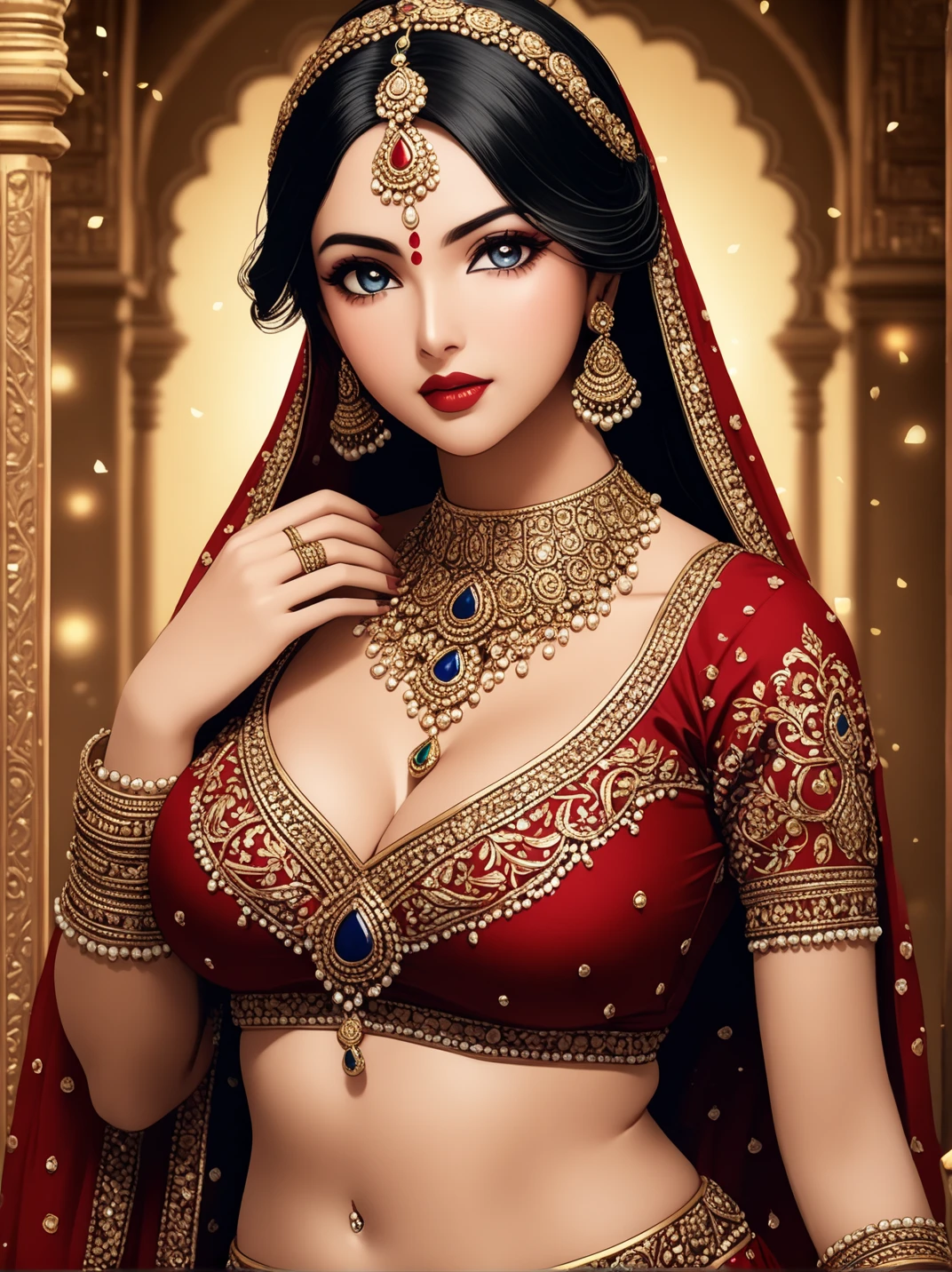 Renowned actress at the age of 28 , with intricate designs, detailed long big kundan jhumka earrings,red lipstick, black hair, big round breasts, cleavage ,face makeup, navel, eyeliner, eyeshadow, necklace,bangles, accessories , detailed blue eyes, tight blouse,oily skin, red lipstick,  ,necklace , looking at viewer, seductive face, seductive expression , happy face,big ass,lehenga ,body chain , jewellery ,  biting her lips , blush , detailed accessories,navel piercing,ear piercing , dupatta ,full body , bangles ,hair braid , detailed art style 