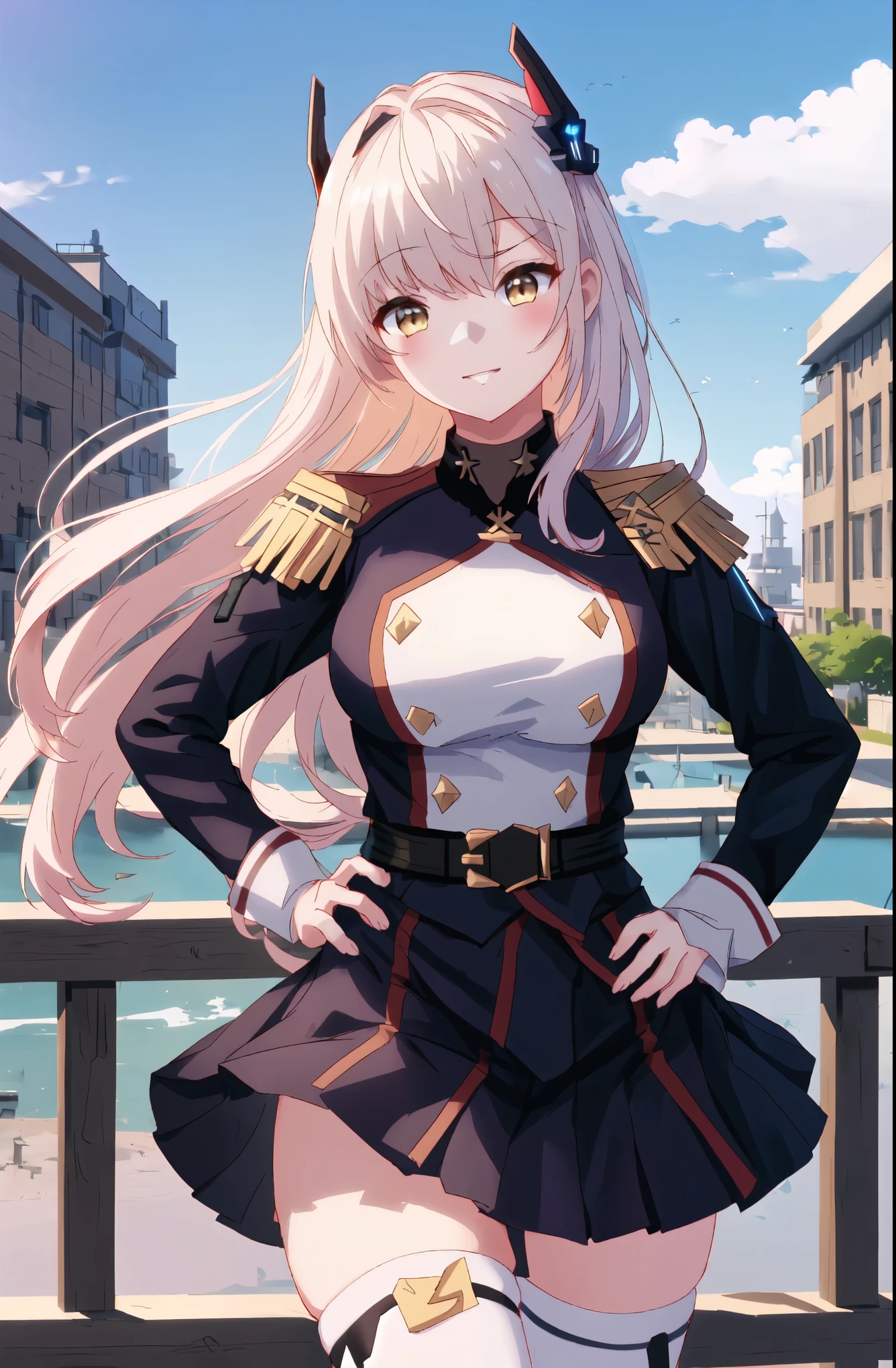 anime girl in uniform posing on a bridge with a city in the background, azur lane style, kantai collection style, fine details. girls frontline, girls frontline style, from girls frontline, best anime 4k konachan wallpaper, marin kitagawa fanart, perfect white haired girl, girls frontline cg, high detailed official artwork, from the azur lane videogame mit cat oren !!