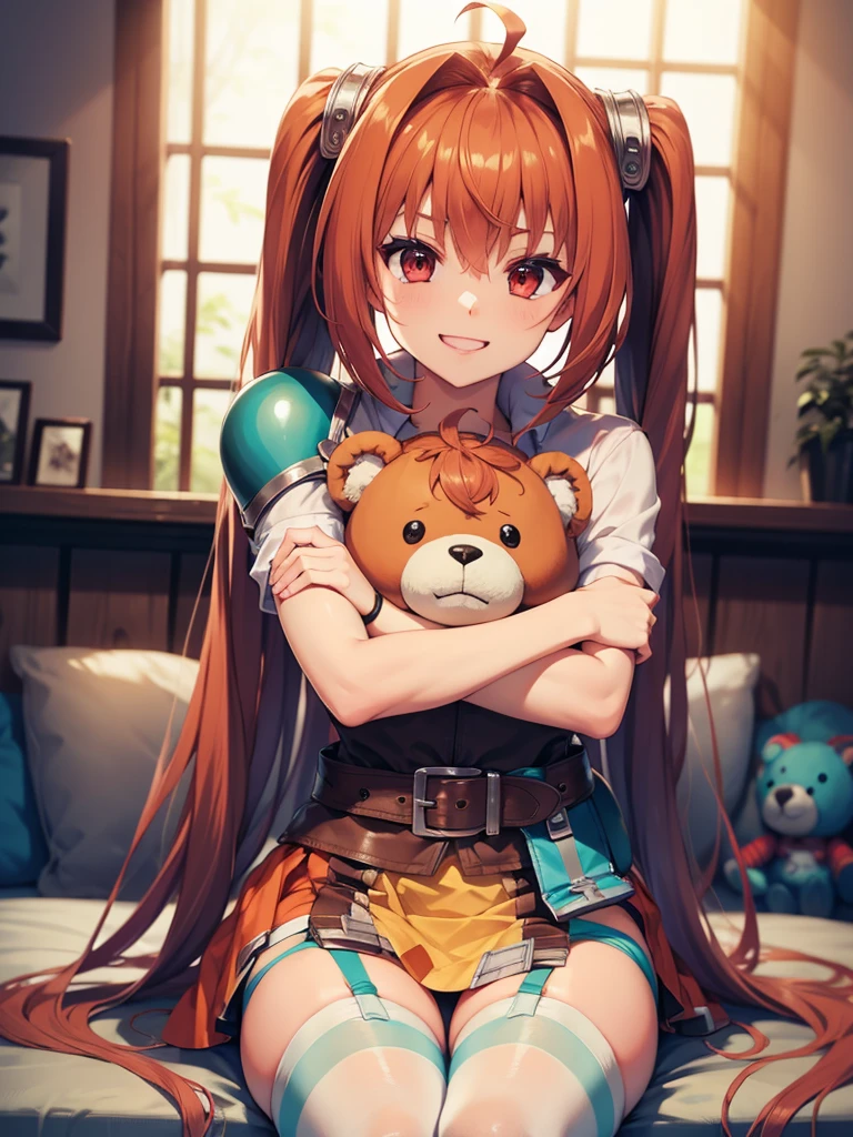 (masutepiece, Best Quality, hight resolution, nffsw, Perfect Pixel, depth of fields, 4K), Beautiful anime girl, Perfect body ,,,scEstelle, cropped jacket, green shoulder pad, tan shirt, orange skirt, belt, white thighhighs,(((wearing sexy garter belt))), (hugging a stuffed toy:1.4) , smile , open the mouth, upper body, sitting