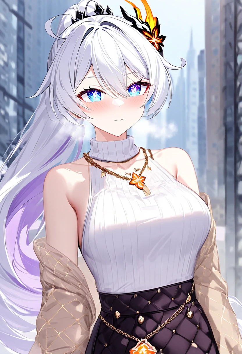 score_9, score_8_up, score_7_up, masterpiece, best quality, absurdres, vibrant, highly detailed, 1girl, adult grown woman, kiana kaslana \(honkai impact 3rd\), herrscher of finality, white hair, ahoge, ponytail, very long hair, blue eyes, symbol-shaped pupils, blush, closed mouth, heavy breathing, stylish urban outfit, sleeveless white turtleneck top, plum high-waisted skirt with gold buttons, black quilted crossbody bag with gold chain strap, diamond-patterned beige shawl, elegant layered bracelet, minimal gold medallion necklace, casual drink accessory, modern city fashion aesthetic, chic and confident style